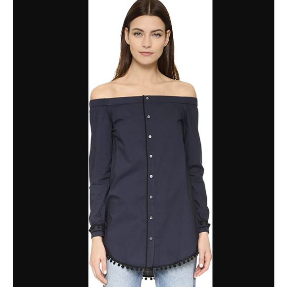 Derek Lam 10 Crosby Navy Blue Off the Shoulder Pompom Trim Tunic Top Blouse Sz 6 - Picture 2 of 10